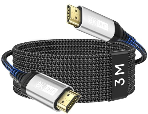 layajia Câble HDMI 2.1 3M 10K 8K 4K, Certifié 48Gbps Ultra High Speed, 8K@60Hz 4K@144Hz/120Hz eARC HDR10 HDCP 2.2 & 2.3 Dolby Atmos pour HDTV, Barre de Son, PS5, Lecteur Blu-ray, Xbox, Moniteur