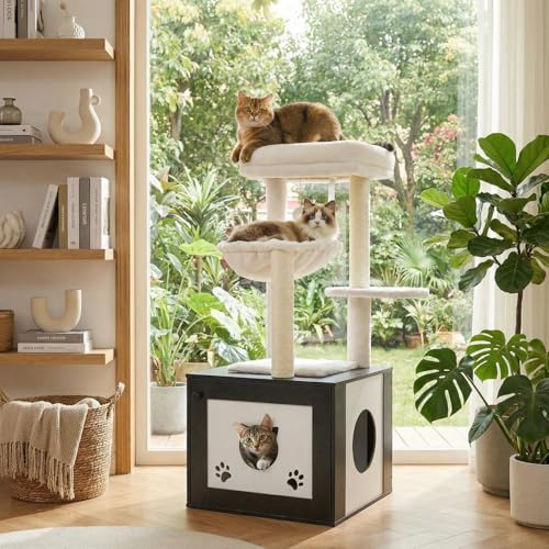 MAMIZO Árbol rascador con inodoro para gatos, árbol para gatos 2-en-1, nido de felpa desmontable, 119 cm de alto, cojines de felpa lavables, mueble para gatos, árbol rascador de madera, troncos de