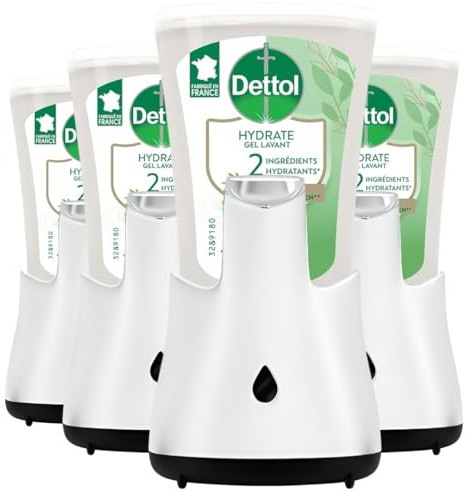 Dettol Lot de 4 Distributeurs de Savon Automatique de Savon pour Les Mains No Touch avec Recharge Hydratant Aloe Vera