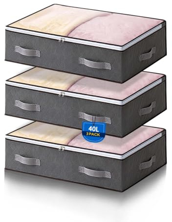 Boic 3 stycken undersängsbord, 40 l förvaringsbox för undersäng, vikbar förvaringslåda under säng, förvaringsboxar med lock för kläder, överkast, filtar och sängkläder (grå)