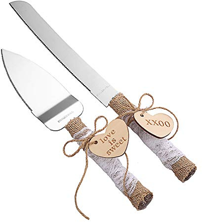 TANG SONG Rustic Style Stainless Steel Wedding Cake Knife and Serving Set Resin Plastic Handle with Twine Heart Love Wood Tag and Burlap Lace Design