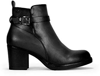 BOSANOVA Botines de Mujer con caña Baja de 14 cm, tacón Ancho de 6'4 cm y Detalle de Tira con Hebilla Decorativa en el Lateral. Cierre con Cremallera Interior. Calzado para Mujer Negro 38