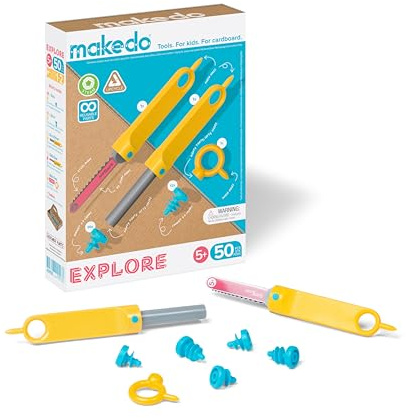 Makedo Explore | Upcycled Cardboard Construction Toolkit in Small Toolbox (50 Pieces) | STEM + STEAM Educational Toys for at Home Play + Classroom Learning | Reusable Tools for Boys and Girls Age 5+