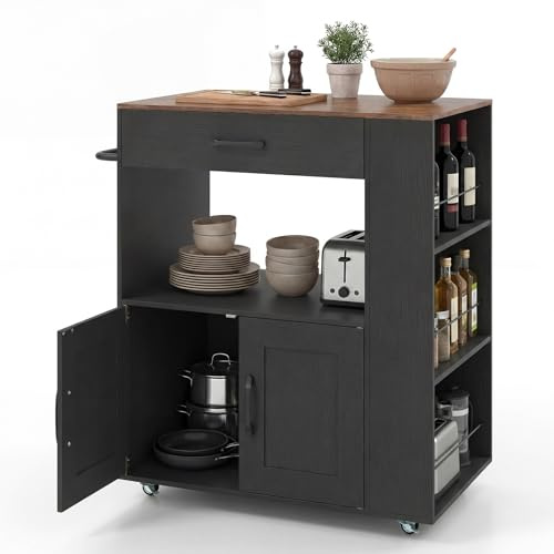 COSTWAY Kitchen Storage Trolley, Rolling Serving Island Cart with Towel Bar, 3 Spice Racks, Drawer, Open Shelf, 2-Door Cabinet & Lockable Wheels, Utility Organiser Cabinet (Black)
