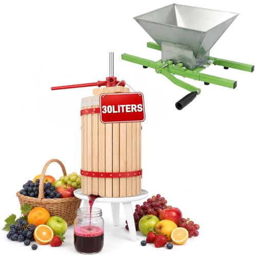 Froadp Ensemble Mobile de Pressoirs à Fruits 30L Presse-Fruits en Chêne + 7L Moulin à Fruits en Acier Inoxydable Presse Agrumes Manuels Set pour la Fabrication de Jus, Vins et Cidres