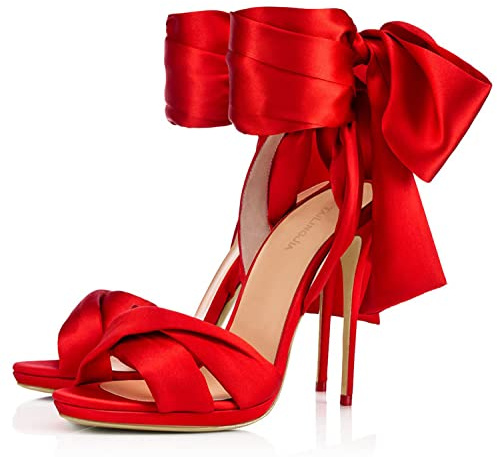 Sandali con cinturino con fiocchi da donna Sandali con tacco a punta aperta Sandali con lacci con tacco alto a spillo Abito da sera in raso da festa Scarpe con décolleté 4,7 pollici / 12 cm,Rosso,39