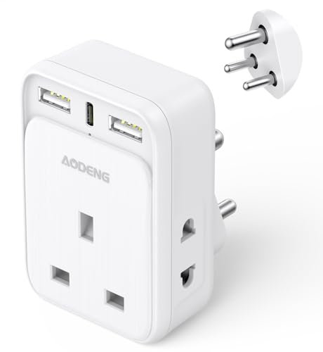 AODENG UK to India Plug Adapter with 3 USB Ports 32W USB C Fast Travel Charger, Adaptor Plug for India, Pakistan, Sri Lanka, Yemen (Type D)