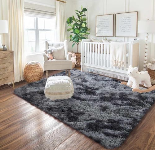 Tinyboy-hbq Flauschiger Teppich für Wohnzimmer und Schlafzimmer - Shaggy, Waschbar, Weich und Bequem für Wohnkultur (Grau Schwarz, 160 x 230 cm)