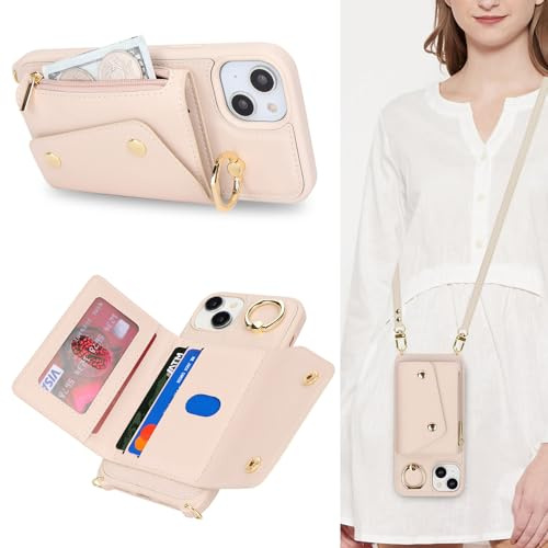 Lipvina för iPhone 15 fodral med korthållare och rem – blixtlåsficka, crossbody snodd rem, kreditkortshållare, stativring, söt telefonplånbok fodral för kvinnor (beige, 15,5 cm)
