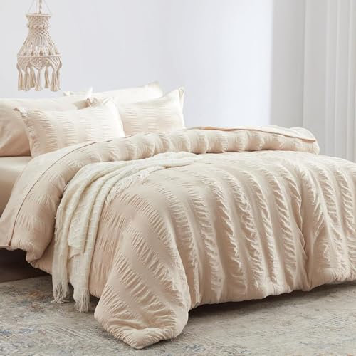 Tospass Seersucker Bettwäsche 200x200 cm Geprägt Gestreift Streifen Beige Creme Bettwaren-Sets Weiche Bettbezug Gebürstet Mikrofaser 1 Deckenbezug mit Reißverschluss 2 Kissenbezug 80x80cm