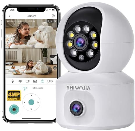 SHIWOJIA Telecamera di sorveglianza WiFi per interni 2K 4MP, PTZ 360° con doppio obiettivo, visione notturna intelligente, rilevamento di persone e tracciamento automatico, audio bidirezionale