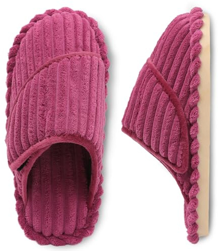 Besroad Indoor Outdoor Furry House Shoes Winter Warm Adjustable Corduroy Slippers Soft Flat Slide Slippers for Women Wine 6-7 Women