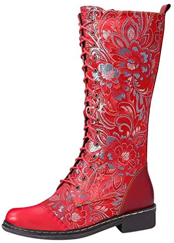 Bottes à lacets femme Western Vintage en cuir avec fleurs Bottes d'équitation Bottes femme Bottes zippées Western Bottes coulissantes Bottes mi-hautes Bottes de randonnée Bottes d'hiver Bottes de