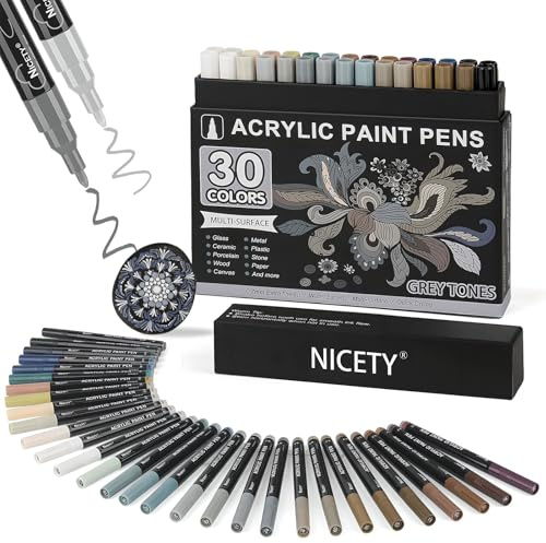 NICETY 30 Rotuladores Acrílicos, Punta Fina 0,7 mm - Colores Vibrantes para Pintura en Tela, Rocas y Madera - Ideal para Artistas (Gris)