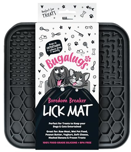 Bugalugs Boredom Breaker Lick Mat, 100% Food Grade Silicone Dog Mat, BPA Free, Dogs, Cats, Feeding & Licking Treat Pet Mats, Reduce Stress & Anxiety, Slow Feeder, Microwave (Black)