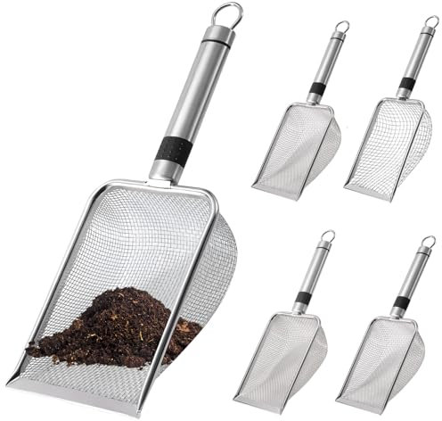 BAISHUN 5 tamices de tierra de jardín, coladores de abono de arena de jardinería con mango para tierra y piedras, malla de 1 mm/2,8 mm/3,8 mm/5 mm, tamiz de rocas, pala de tamiz de suciedad