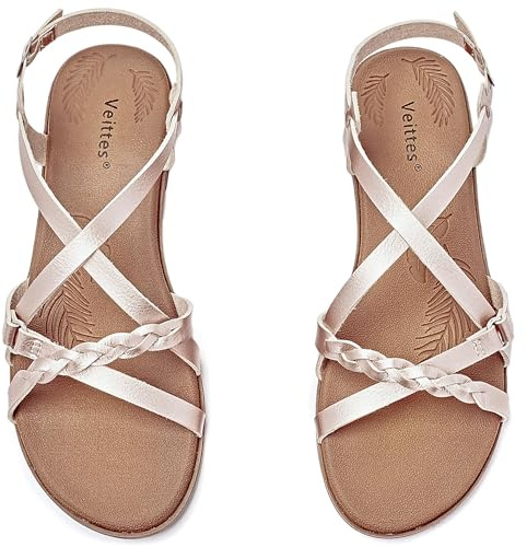 Veittes Sandales plates pour femmes, avec des bandes croisées en tressé et une sangle de cheville réglable, sandales d'été ouvertes à orteils à la mode,doré,42 EU,2207023