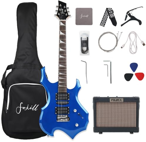 Fojill Heavy Metal Cool Electric Guitar Kit Set Beginner Starter Combo Package Bundle Battery Power Bluetooth 10W Amplifier Amp Accessory Gig Bag,Picks, Cable,Strap,Strings(FCGK-60, Metallic Blue)