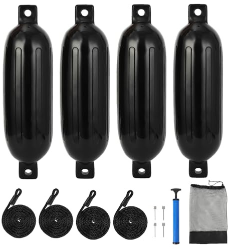 Garvee 4-Pack Heavy Duty Boat Fenders (14 × 51 cm), Inflatable Marine Mooring Fenders Set with 4 Ropes, Hand Pump & Storage Bag, Ideal for 3-10m (10-35ft) Yachts, Narrowboats & Docks