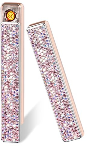 Electric Lighter, Jewelled Slim Long Women's Lighter - Type-C Rechargeable, Pull-Out Ignition with Thickened Tungsten, Sparkly Fashion, for Women & Girls (Rose Gold)