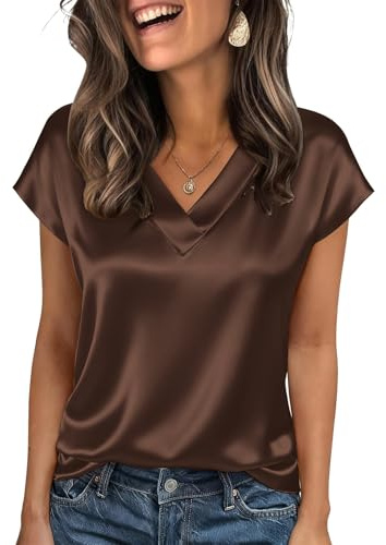 Akiooue Ladies Summer Short Sleeve Satin Tops Womens V Neck Silk Blouses | Elegant Smart Lightweight Solid Blouse and Shirts, Fashion Loose Casual Business Office Work Going Out Party Tops