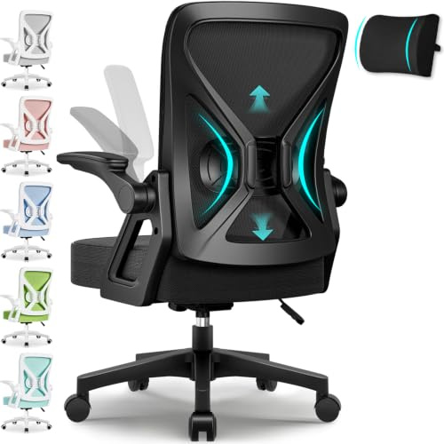 Airchros Bürostuhl Ergonomisch,Schreibtischstuhl mit Hochklappbaren Armlehnen, Einstellbarer Lendenstütze, Wippfunktion bis 125°, Höhenverstellbar, Netzstuhl, Schwarz