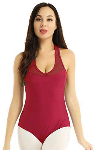 ranrann Damen Gymnastikanzug Turnanzug Einteiler Leotard mit Racer Back High Cut Ballettbekleidung für Training Unterricht Performance Burgundy XL