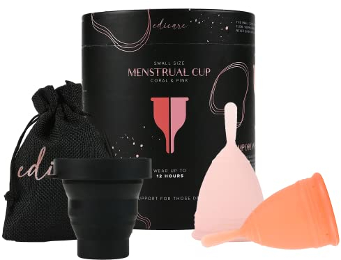 Edicare, Menstruationstasse, Menstrual Cup, Enthält zwei Tassen, 1 Sterilisator und 1 Tragetasche, Medizinisches Silikon, Weich, 100% Sicher (S - Special Edition, S)