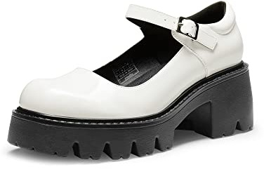 DREAM PAIRS Women's Mary Janes Shoes Platform Dress Low Heel Chunky Pumps Round Toe Ankle Strap Pumps Shoes Oxfords Esther,Size 7.5,White,SDPU2346