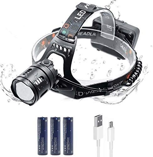 LULUWA Head Torch 2000 & 5000 Lumen Zoomable Rechargeable LED Headlamp Headlight Flashlight Waterproof Adjustable LED Headlamp Perfect for Running Walking The Dog Camping Reading (5000 Lumen)