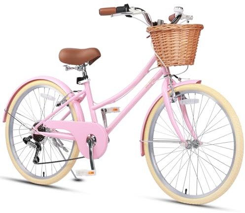 Glerc Bicicleta Cruiser para Niñas de 24 Pulgadas, 6 Velocidades, Bicicleta Híbrida para Mujeres, para Edades de 7, 8, 9, 10 y 11 años, con Cesta de Mimbre. Cuadro y Horquilla Ligeros,Color Rosa.