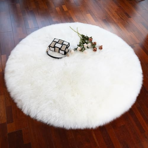 LLB Genuine Sheepskin Rug Plush Soft Throw Area Rug Fur Carpet Fluffy Shaggy Sheepskin Rug for Living Room Kids Bedroom Luxury Home Decor Rectangle (Ivory White, Round 48'')