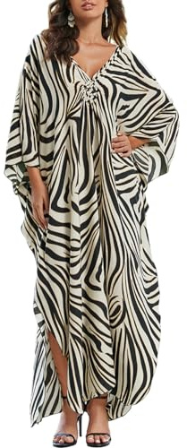 Bsubseach Mujer Traje de baño Vestido Largo Caftán de Tallas Grandes con Abertura Lateral con Cuello en V Cebra Beige