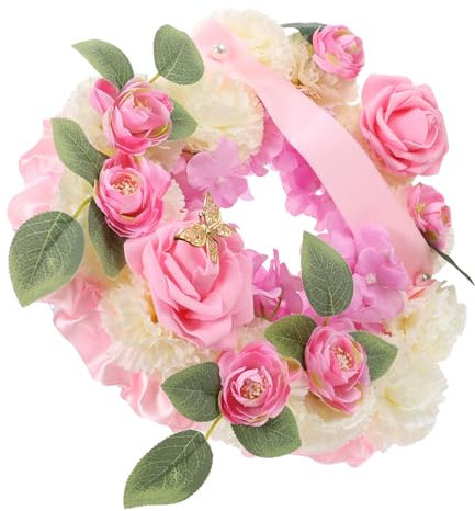 Cabilock Couronne De Roses en Forme De Cœur Décoration De Fleurs De Pierre Tombale De Pâques avec Stylo Couronne Commémorative Artificielle Guirlande De Deuil Funéraire Marqueur De