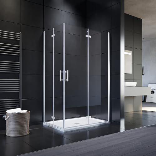 SONNI 90 x 120 x 195 cm vikdörr duschvägg inklusive tjocklek 4 cm fyrkantig duschkar och avloppsarmatur – 6 mm säkerhetsglas 180 º vikbar dusch svängdörr