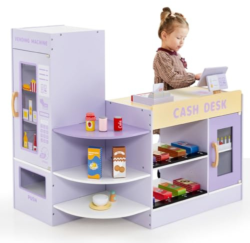 GYMAX Negozio di Alimentari per Bambini, Gioco di Supermercato in Legno Autoportante con Banco Cassa, Macchina POS, Distributore Automatico, Set di Giocattoli Registratore di Cassa (Viola)