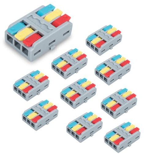 Innfeeltech 10 pezzi Ternimal di collegamento, morsetto di connessione 3 in 3 out, con leva, morsetto per cavi con conduttore da 0,2-4 mm² Per progetti fai da te