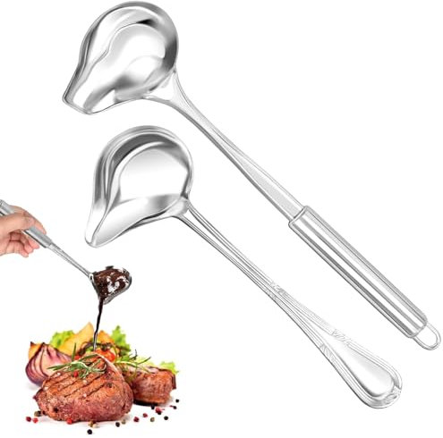 JAONLD 2 Stück Saucenkelle mit Ausgießer 30cm+20cm Edelstahl Saucenlöffel Soßenlöffel mit Ausgießer Smooth Saucenlöffel Geeignet für Suppensoßen, Bratensoßen, Dressings, Tomatensoßen