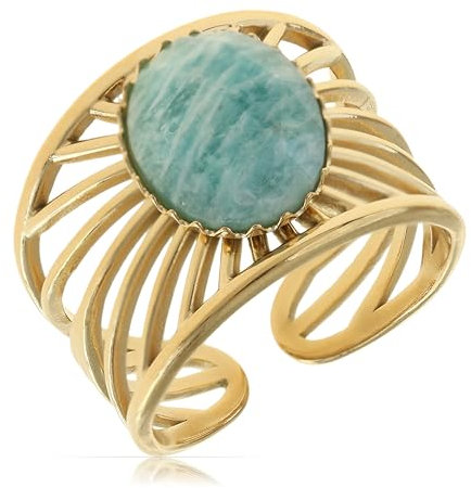 Made by Nami Boho Ring Gold Damen mit Edelstein Ring Verstellbar aus Chirurgischem Edelstahl 316 Geschenke für Frauen Wasserfester Schmuck (Sonnenstrahlen Gold)