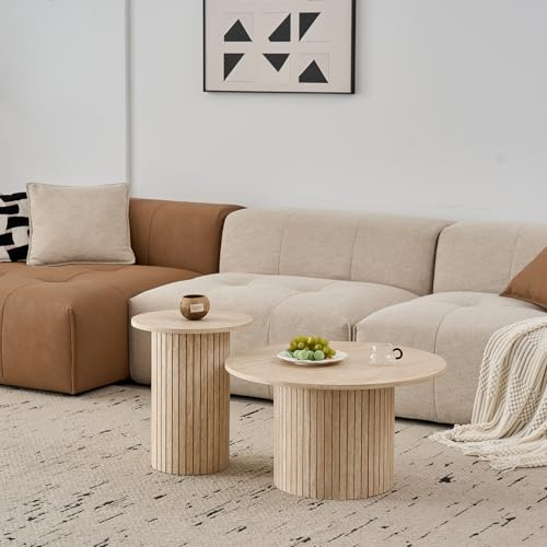 JZGORC 2er-Set Moderner Runder Couchtisch, Römische Säulenbasis, Runder Sofa-Beistelltisch im Landhausstil, Geeignet für Wohnzimmer, Büro – Gelbes Travertinfurnier