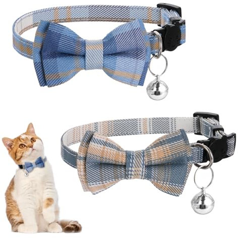 Süßes Kariertes Katzenhalsbänder 2 Stück Kleine Welpen Sicherheitsfliege Kätzchen Halsband mit Fliege und Glöckchen Verstellbares Sicherheitshalsband für Kätzchen und Welpen