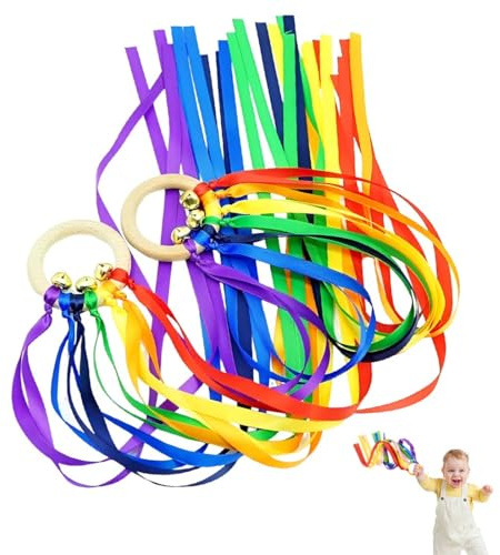 KRFWGUU 2 Uds Arcoíris Cintas De Viento Para Bebés-Uguetes De Anillo De Cinta De Madera Para Bebé,Sonajero De Cinta De Arcoíris, Ducación Infantil Para Desarrollar Habilidades Motoras Y Coordinación O