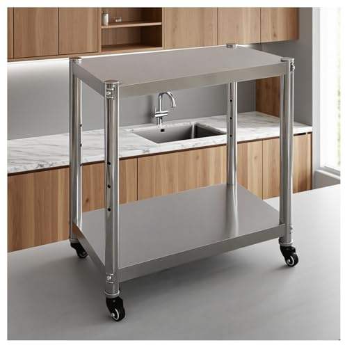 NQNFWCRJ Tavolo da Lavoro a 2 Ripiani Con Ruote in Acciaio Inossidabile H60cm Scaffale Aperto Con Ripiani Divisori Tavolo Preparatorio Con 4 Ruote Piroettanti Disponibile in Diverse Dimensioni