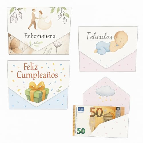 ARGUVAL® - Set 10 Tarjetas billetero temáticas para regalar dinero | Bodas, bautizos, comuniones y cumpleaños | Diseño elegante para celebraciones | Papel estucado impreso a 4 colores