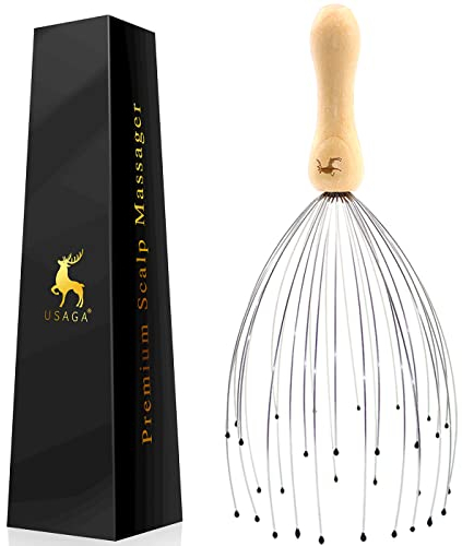 USAGA 32 Fingern Premium Kopfmassagegerät - Kopfmassage Spinne - Kopfhautmassagegerät mit 32 Fingern - Kopfkratzer für Entspannung von Kopf und Körpers Holzgriff (1 Packung)