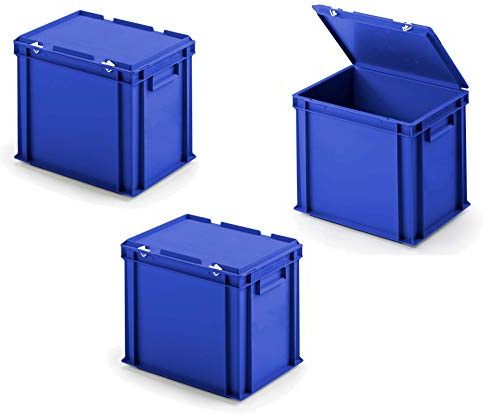 3 boîtes Euro avec couvercle à charnière, 400 x 300 x 330 mm, bleu.