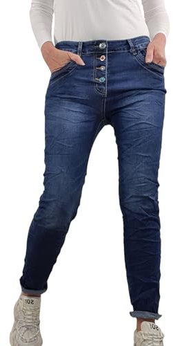Karostar Damen Stretch Jeans| Casual Boyfriend Denim Hose| mit sichtbarer Knopfleiste (Classic Denim Blue, XXL)