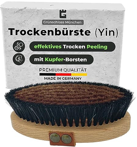 Grünschloss Trockenbürste Körper Kupferbürste (Yin) - Dry Peeling Massagebürste für Durchblutung & Cellulite Bürste (Made in Germany) – Energie Klosterbürste mit Kupfer & Naturborsten Pferdehaar