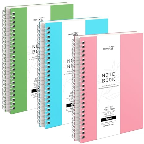 RETTACY A5 Spiral Notebook 3 Pack, Wirebound Colorful Notebooks 80sheets/160 Pages for Writing,100gsm College-Ruled Paper, Flexible Plastic Cover, for Women Men Work Office School,14.5 x 21cm