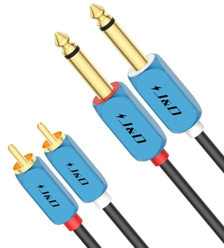 J&D Dual 1/4 inch TS to Dual RCA Stereo Audio Interconnect Cable, RCA to 1/4 Cable Heavy Duty Aluminum Alloy Shell Gold Plated Plug for Home Theater, Amplifiers, Hi-Fi Systems, 3 Meter